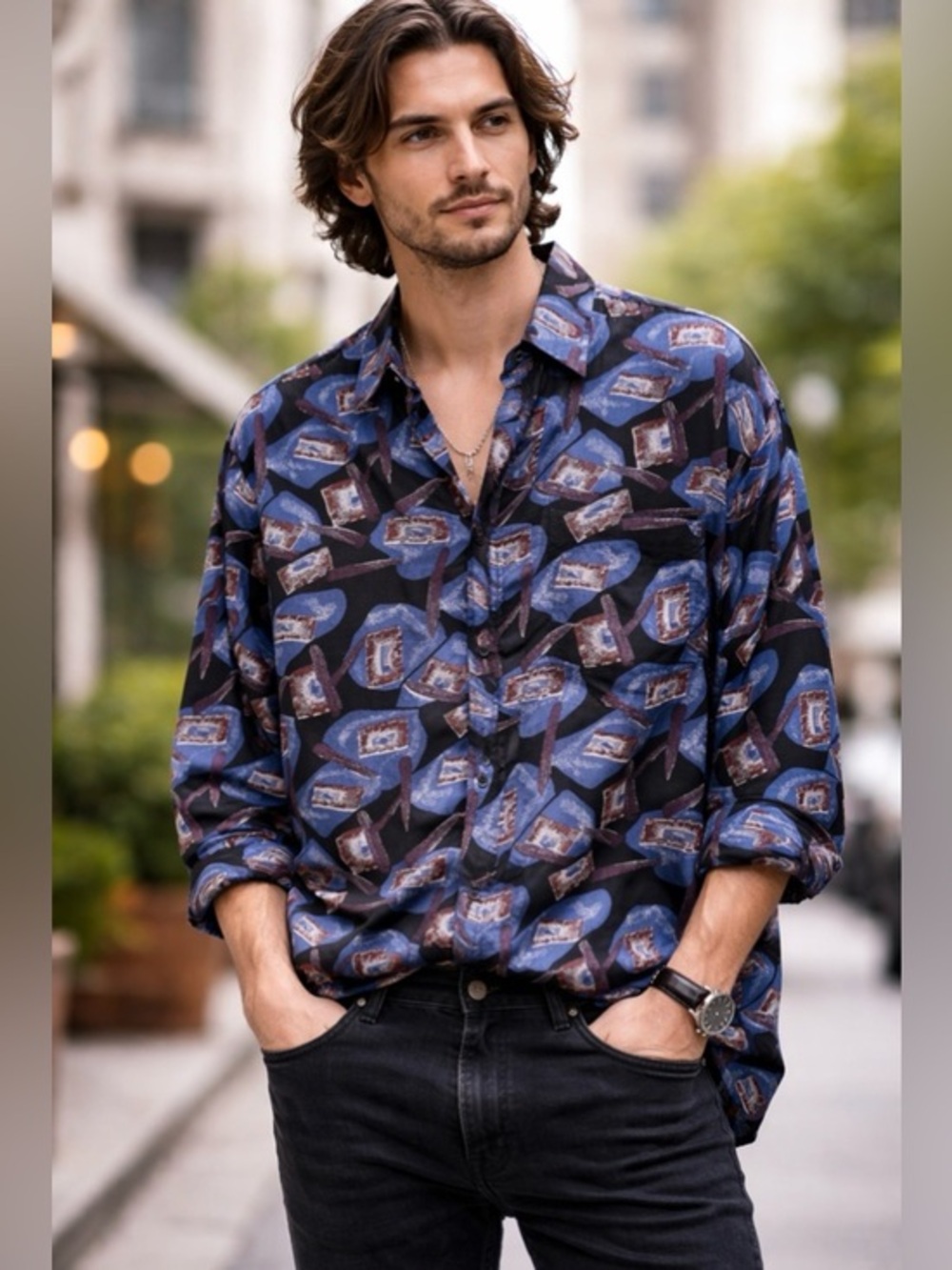 Vintage Bogari Silk Long Sleeve Button Up Shirt Large